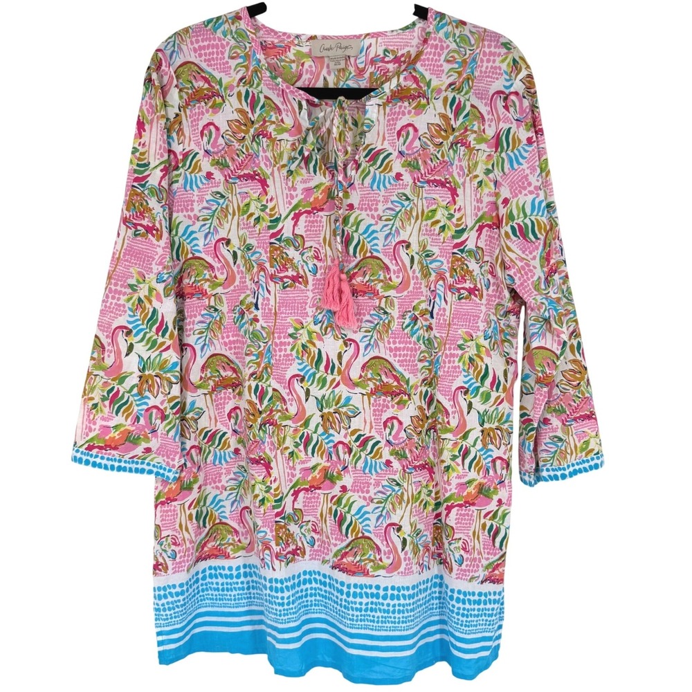 Charlie Paige Pink Flamingo Tunic Swim Coverup Sz M Cotton Tassel Boho Resort